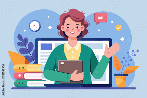 Online Teacher Laptop Screen Design Featuring a Woman Holding a Tablet, Books, and Plants