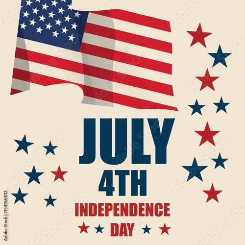 Fourth of July Patriotic Poster with American Flag and Stars.