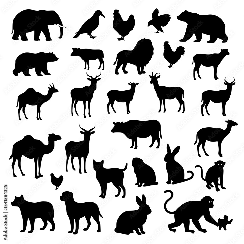 Fototapeta premium Collection of farm animals and birds silhouettes isolated on transparent background