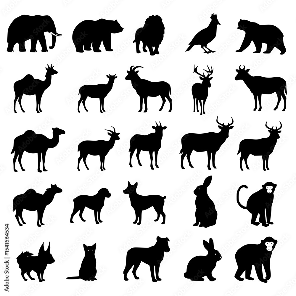 Obraz premium Collection of farm animals and birds silhouettes isolated on transparent background