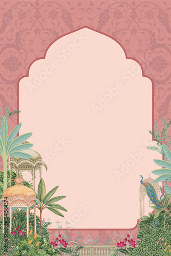 Traditional Mughal Wedding Frame with temple, palace, dome, peacock garden theme illustration