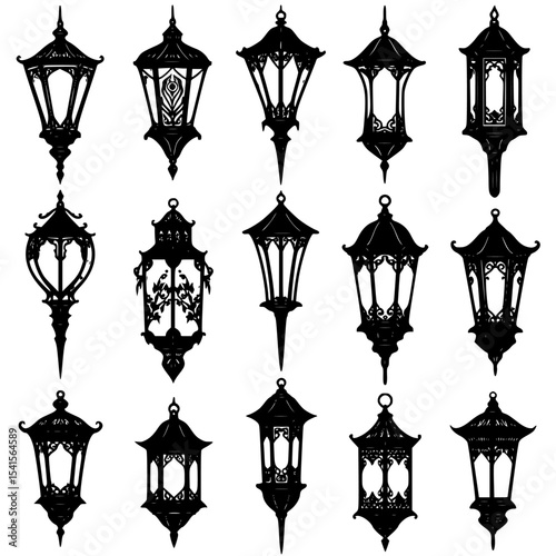 Collection of ornate hanging lanterns silhouette isolated on transparent background