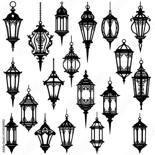 Collection of ornate hanging lanterns silhouette isolated on transparent background
