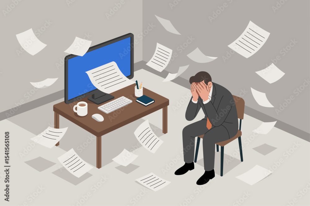 Stressed Office Worker Overwhelmed by Excessive Workload