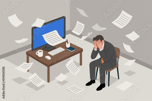 Stressed Office Worker Overwhelmed by Excessive Workload