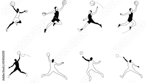 Basketball Player Flying Slam Dunk Silhouette – Dynamic Jump Vector Illustration"

