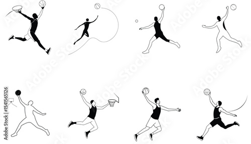 Basketball Player Flying Slam Dunk Silhouette – Dynamic Jump Vector Illustration"

