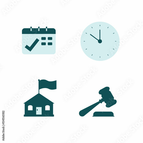 Court Schedule and Justice Icons Set with Calendar, Clock, Building, and Gavel
