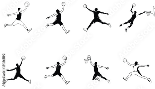 Basketball Player Flying Slam Dunk Silhouette – Dynamic Jump Vector Illustration"

