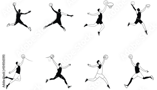 Basketball Player Flying Slam Dunk Silhouette – Dynamic Jump Vector Illustration"

