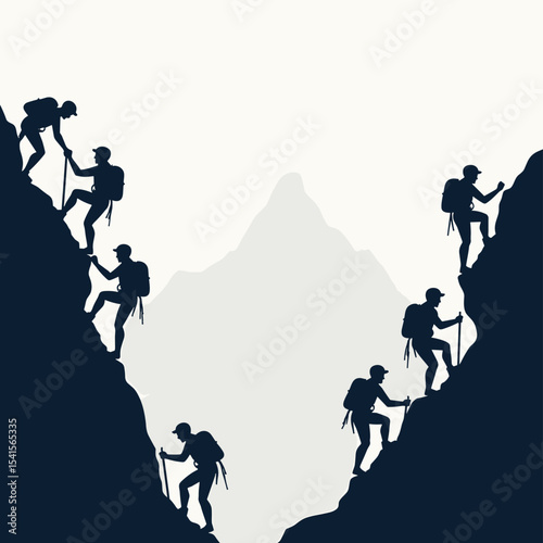 Silhouettes of Climbers Ascending Steep Mountain Pass with Backpacks and Poles