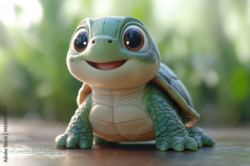 Fototapeta premium Cute turtle character smiles in a lush garden setting during daylight hours