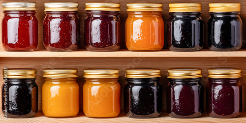 Twelve jars of various homemade preserves are neatly arranged on a wooden shelf. The jars feature golden lids and contain vibrant colors: red, orange, and dark purple.