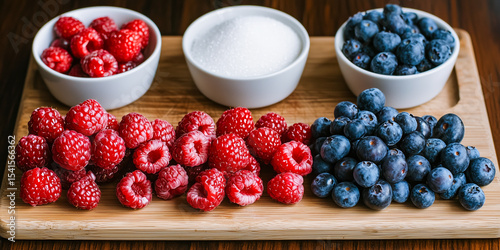 A wooden board displays vibrant red raspberries and dark blue blueberries, arranged in neat rows beside a small white bowl of granulated sugar.