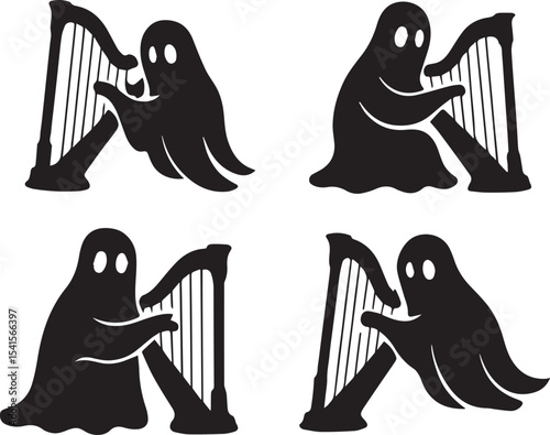 Ghost Harp Vector Illustration – Spooky Ethereal Musical Instrument Design