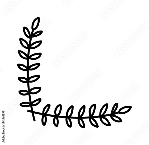 Simple hand-drawn floral corner element, black vector doodle with leaves and buds, perfect for decorative design accents.