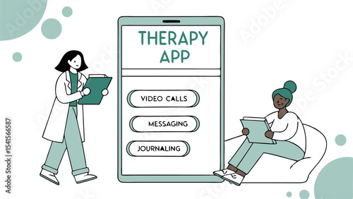 Illustration of a therapy app on a phone screen with a doctor and a patient using the application online