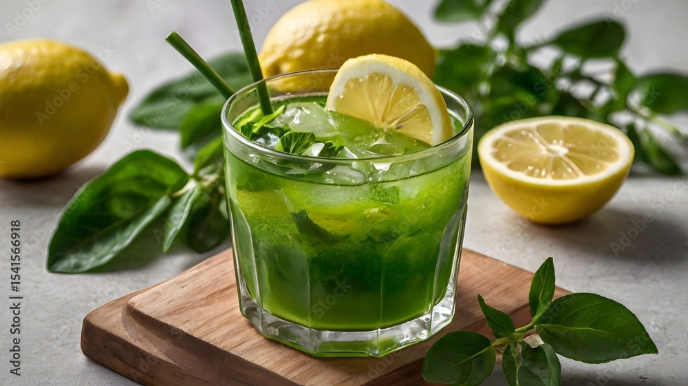 Fototapeta premium This invigorating image features a frosty glass of Limonana, the classic Middle Eastern mint lemonade, garnished with fresh mint leaves and lemon slices—a perfect visual embodiment of refreshment,