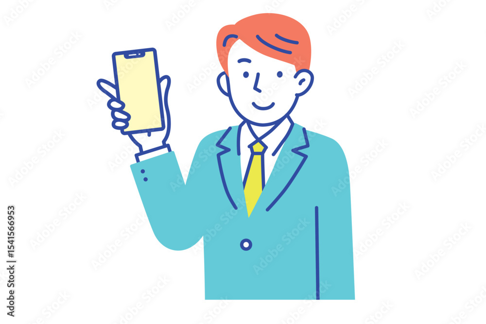 スマートフォンを持ってこちらを見ているスーツ姿の若い男性 スマートフォンを持ってこちらを見ているスーツ姿の若い男性