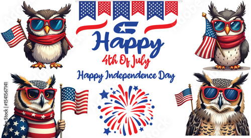 4th of july collection sets.fourth july symbols.happy independence day.portrait bundle of owls.owl with american flag