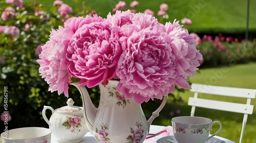 Wallpaper Mural Pink Peonies in Teapot, Garden Setting Torontodigital.ca