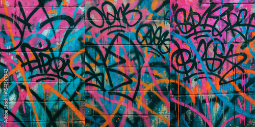 Vibrant, layered graffiti tags in pink, blue, orange, and black spray paint cover an urban wall. Energetic, abstract street art background. Modern urban culture.