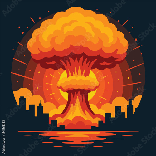 Bright vector illustration of a massive mushroom cloud explosion over a city skyline, symbolizing a nuclear blast with fiery colors and shockwaves reflected in the water below