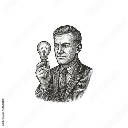 Vintage illustration of a guy with bulb in hand, woodcut style with fine details sketch engraving vector illustration. flat vector 