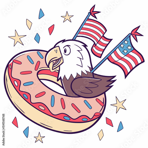 An adorable Condor with a Playful vibe, inside a donut float, and a Patriotic Spark 4th of July theme – SVG style