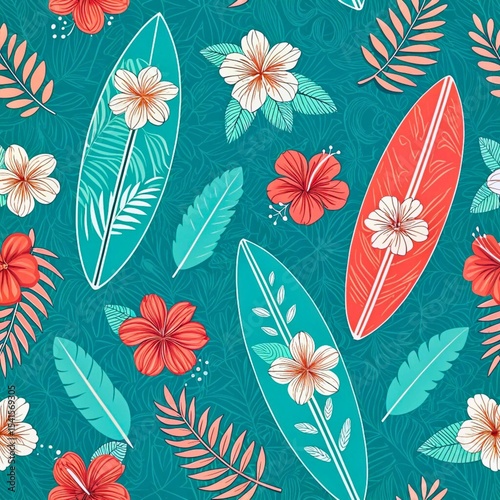 Seamless Surfboard Pattern with Hibiscus Flowers and Palm Leaves on Ocean Waves