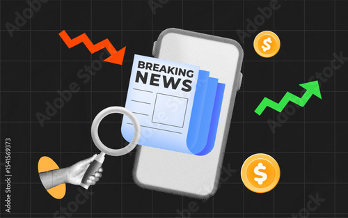 halftone collage, Breaking news on mobile with market trends and financial updates. hand holding magnifying glass related to informed about stock growth, crypto changes and business insights