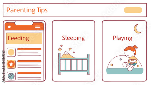 Illustration of parenting tips app with feeding, sleeping and playing sections for baby care guide app