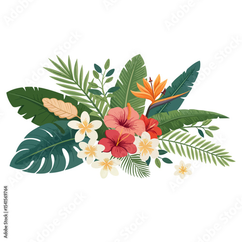 Tropical Leaves and Exotic Flowers Vector Set – Palm, Banana Leaf, Hibiscus, Plumeria, Bird of Paradise Bouquets 
