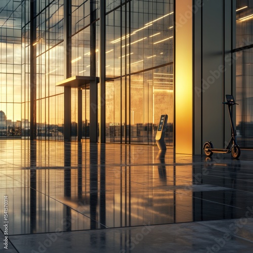 Golden Hour at Modern Building with Electric Scooter