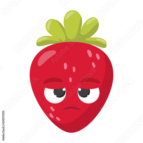 Sad cartoon strawberry character with green leaves and bored facial expression isolated on white background.