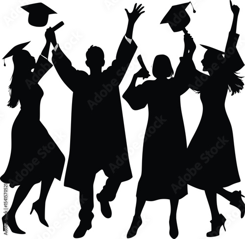 Group of students graduating happily wearing academic attire, gowns or robes and graduation caps and holding diplomas. Boy and girl celebrating university graduation. graduation vector illustration