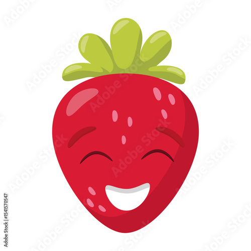 Smiling cartoon strawberry with green leaves isolated on white background. Funny fruit character illustration for design and print.