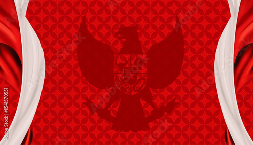Patriotic Indonesia national background with traditional batik pattern, realistic waving flag and Pancasila symbol. Best for 80th Anniversary of Indonesia Independence Day 2025 background and banner