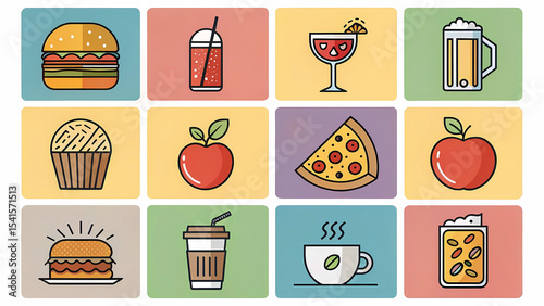 Food and drinks icons set burger pizza coffee cocktail beer apple juice cupcake restaurant menu design