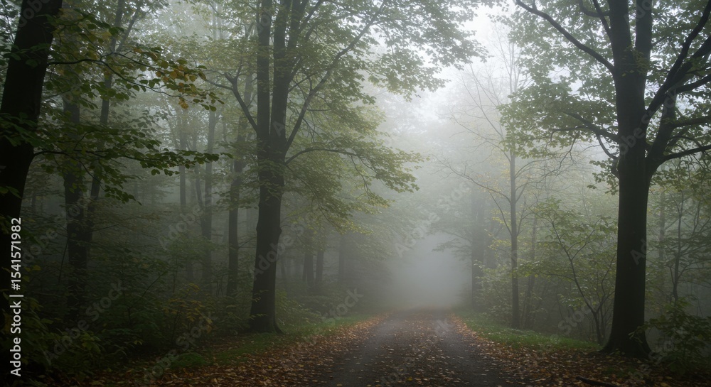 Obraz premium Fogladen forest path Autumns embrace earthy carpet beneath silent towering trees