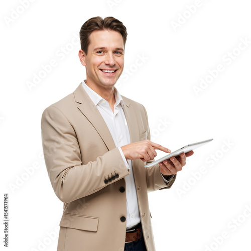Professional in Beige Blazer Interacting with Tablet, Smiling Against White Background