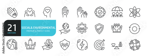 Set of line icons related to social policy, environment, social. Outline icons collection. Editable stroke. Vector illustration
