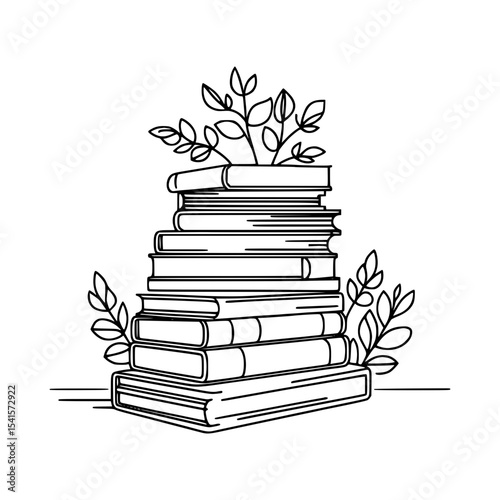 Stack of books with line art leaves