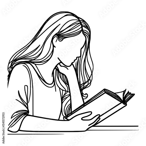 Young woman reading a book line art illustration