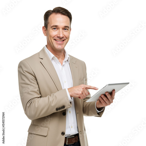 Professional in Beige Blazer Interacting with Tablet, Smiling Against White Background