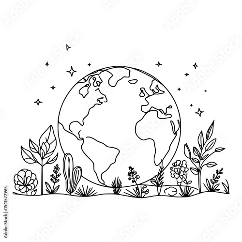 Line art earth with surrounding plants and stars
