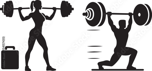Black silhouette of a human lifting weights, gym movement icon