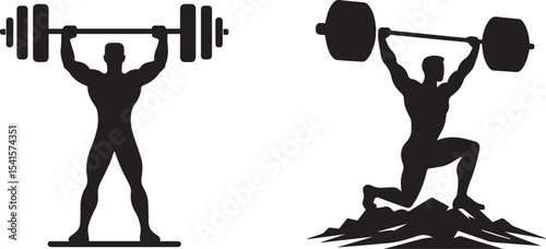 Black silhouette of a human lifting weights, gym movement icon