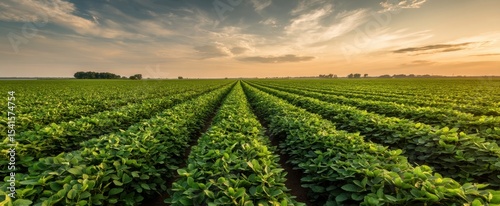 The vibrant soybean field under a colorful sunset sky.