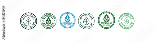 100% Natural Essential Oil Badge Set – Organic Eco-Friendly Seal Vector Labels